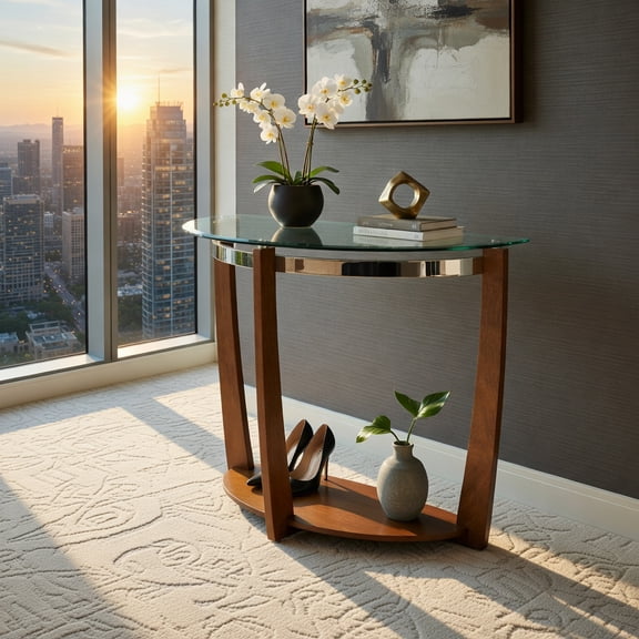 Demi Bonn 2-Tier Tempered Glass Console Table with Clear Glass Top & Open Shelf, Walnut Finish Half-Moon Entryway Table for Hallway Living Room, Walnut