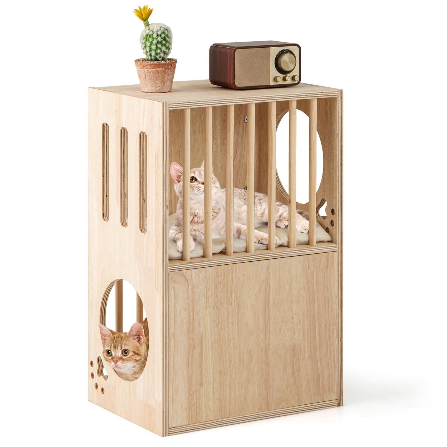 Pefilos 2-Tier Wooden Cat Condo, Symmetrical Design & Removable Cushions, Pine Poles & Air Vents, Brown