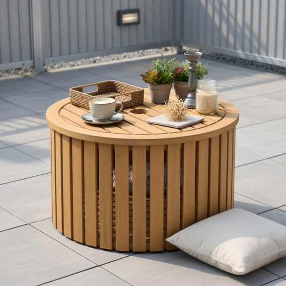 Demi Bonn 2in1 Acacia Wood Outdoor Round Side Table & Storage Box, Slatted Coffee Table with Umbrella Hole Patio Furniture, Natural