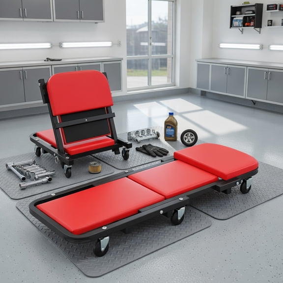 Demi Bonn 2-in-1 Foldable Mechanic Creeper & Workshop Stool, Low Profile Steel Frame 6 Swivel Wheels PVC Padded Seat, 350LB/300LB Dual Load Design, Black & Red