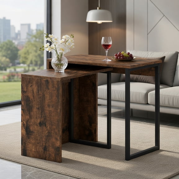 Demi Bonn 2-in-1 Nesting Coffee Table Set of 2 - Space-Saving, Metal Frame, Rustic Brown