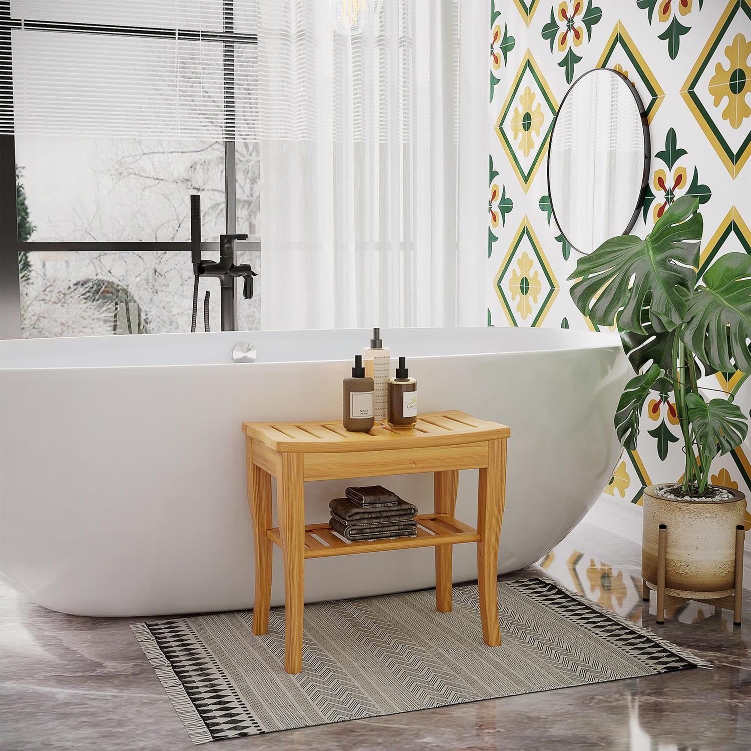 Demi Bonn 20" Bamboo Shower Bench with Storage, Long Seat for Spa Showers, Shoe Stool, Comfortable Stool for Bathing Area, Beige