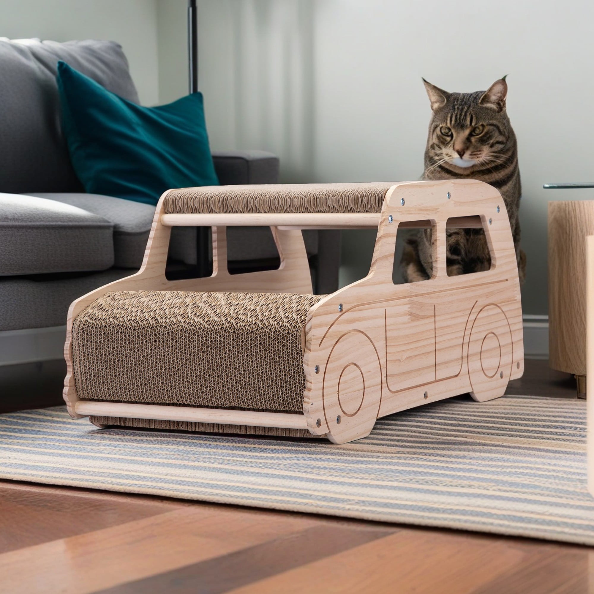 resenkos 20" Car-Shaped Cat Scratcher Lounge, Cat Scratching Board, Cat Scratch House Bed Toy, Beige