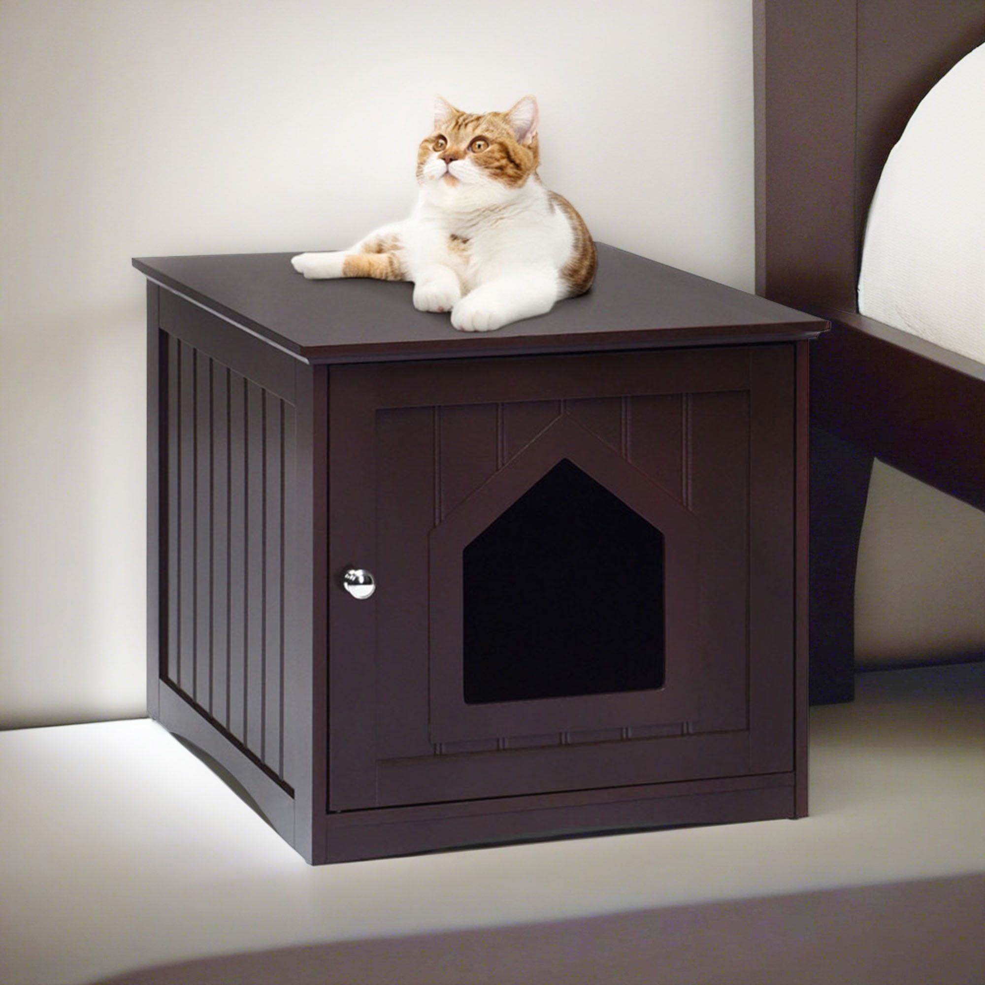 Kadyn 20" Cat House Covered for Indoor, Hidden Crate Litter Box Enclosure, Hooded Cats Furniture Cabinet Kitty Washroom, Brown