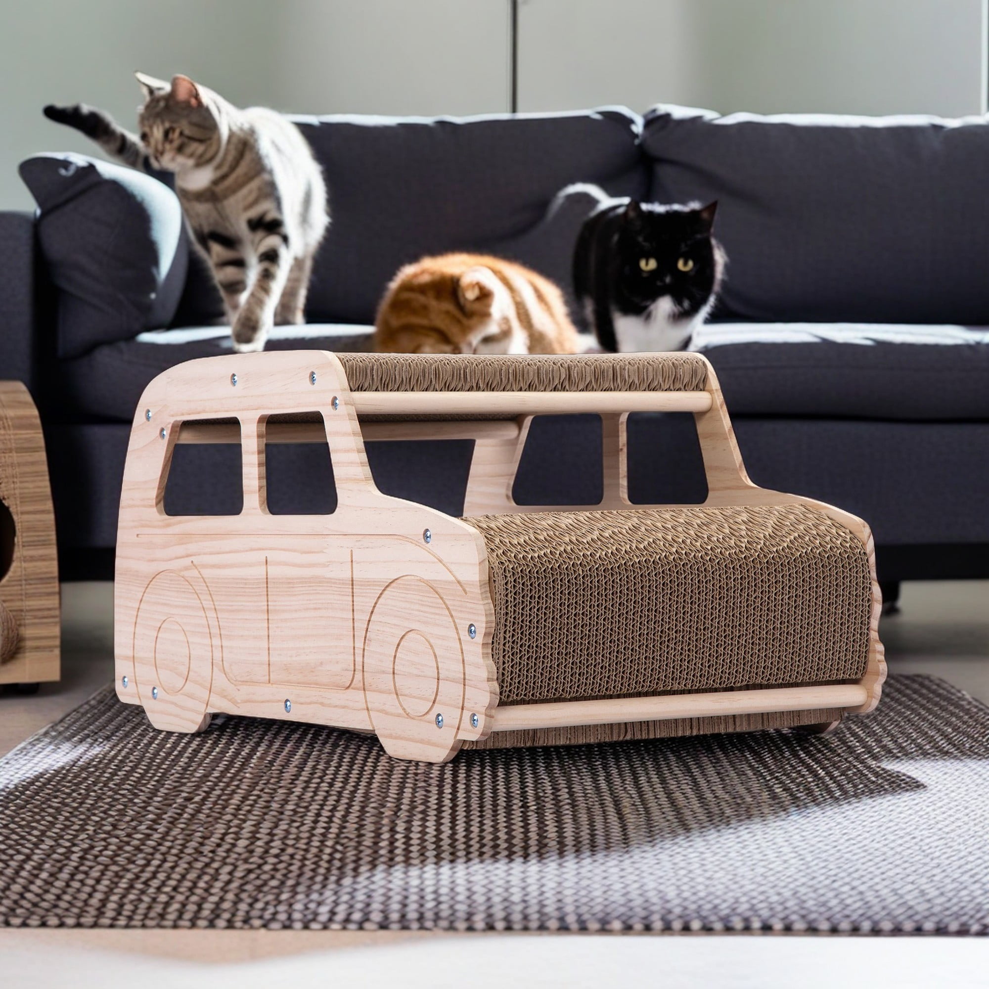 Kadyn 20" Cat Scratching Pads, Car-Shaped Cat Scratcher Lounge, Cat Scratch House Couch for Bed Toy, Beige