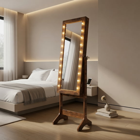 Demi Bonn 20 Warm Lights Jewelry Cabinet, Full-Size Mirror Stable Triangular Base, Rustic Brown Wooden Storage Cabinet