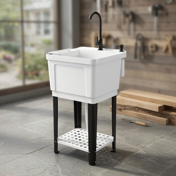 Demi Bonn 21.1 Gallon Freestanding Utility Sink with 360 Rotating Faucet, Adjustable Leveling Legs & Bottom Storage Shelf, White + Black Heavy-Duty Laundry Tub, White
