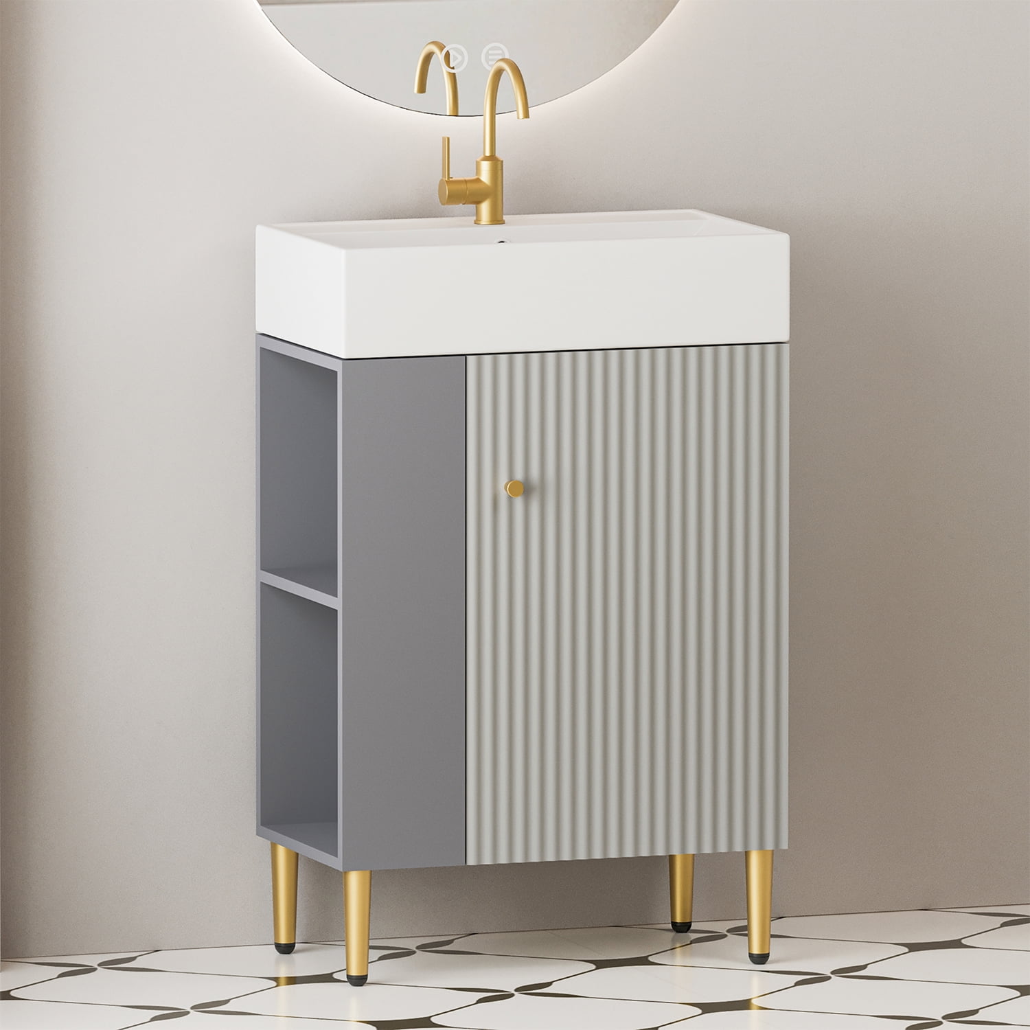 Demi Bonn 21" Bathroom Vanity with Ceramic Sink and Soft-Closing Door, Cloakroom Open Shelf Storage Cabinet on the Left Side, Faucets and Drains Not Included, Gray