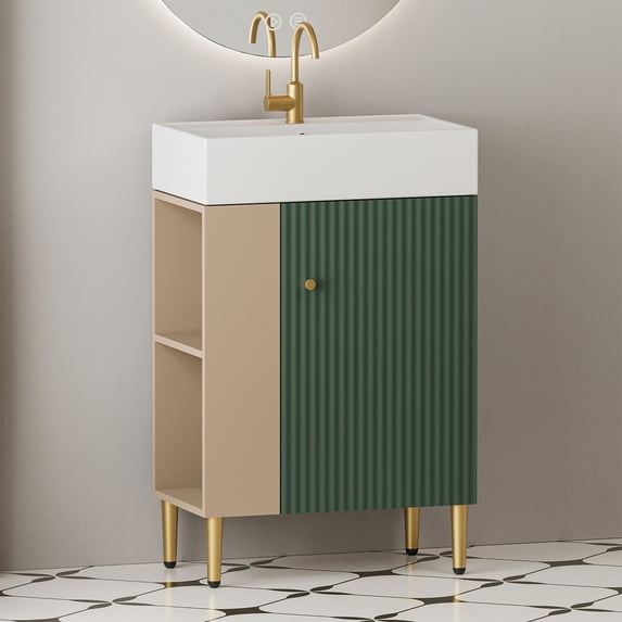 Demi Bonn 21" Bathroom Vanity with Ceramic Sink and Soft-Closing Door, Cloakroom Open Shelf Storage Cabinet on the Left Side, Faucets and Drains Not Included, Green