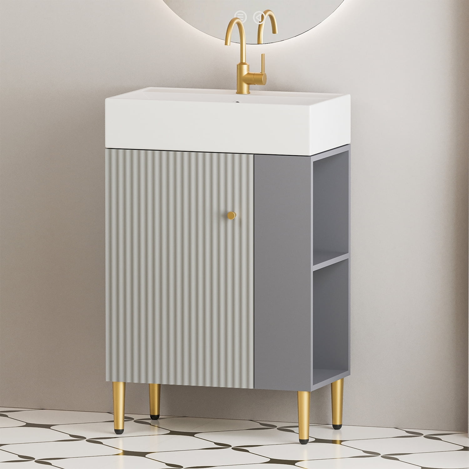 Demi Bonn 21" Bathroom Vanity with Ceramic Sink and Soft-Closing Door, Cloakroom Open Shelf Storage Cabinet on the Right Side, Faucets and Drains Not Included, Gray