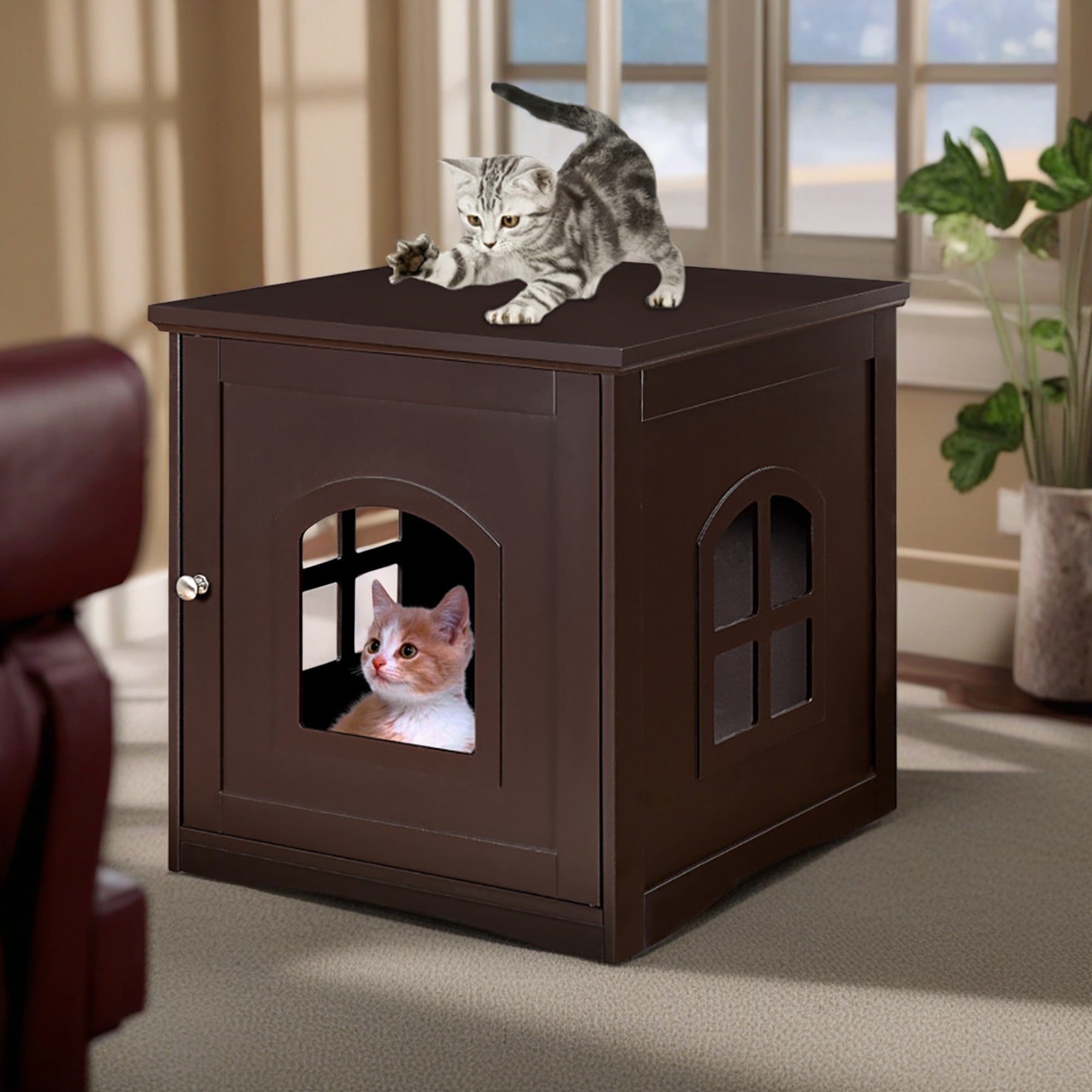 Kadyn 21" Indoor Cat Houses Furniture, Hidden Cat Litter Boxes Enclosure, Multipurpose Cat Shelter, Brown