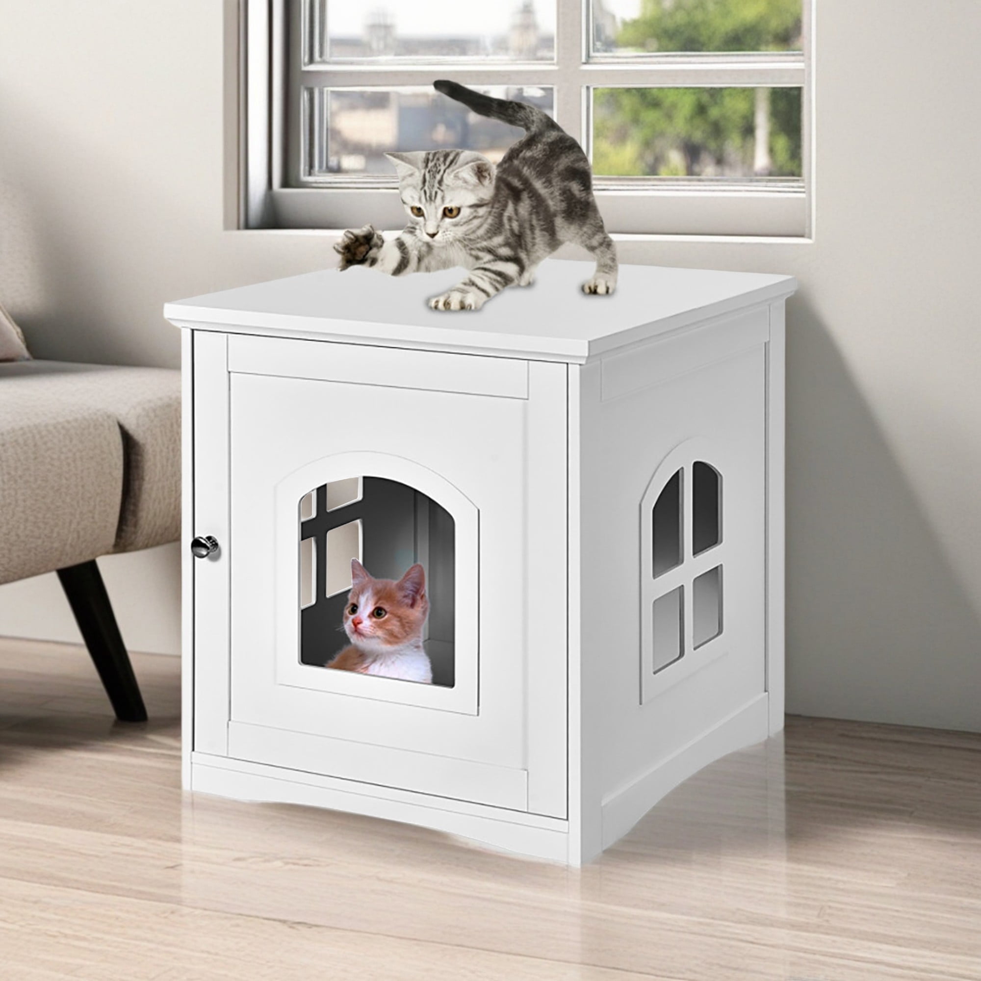Kadyn 21" Indoor Cat Houses Furniture, Hidden Cat Litter Boxes Enclosure, Multipurpose Cat Shelter, White