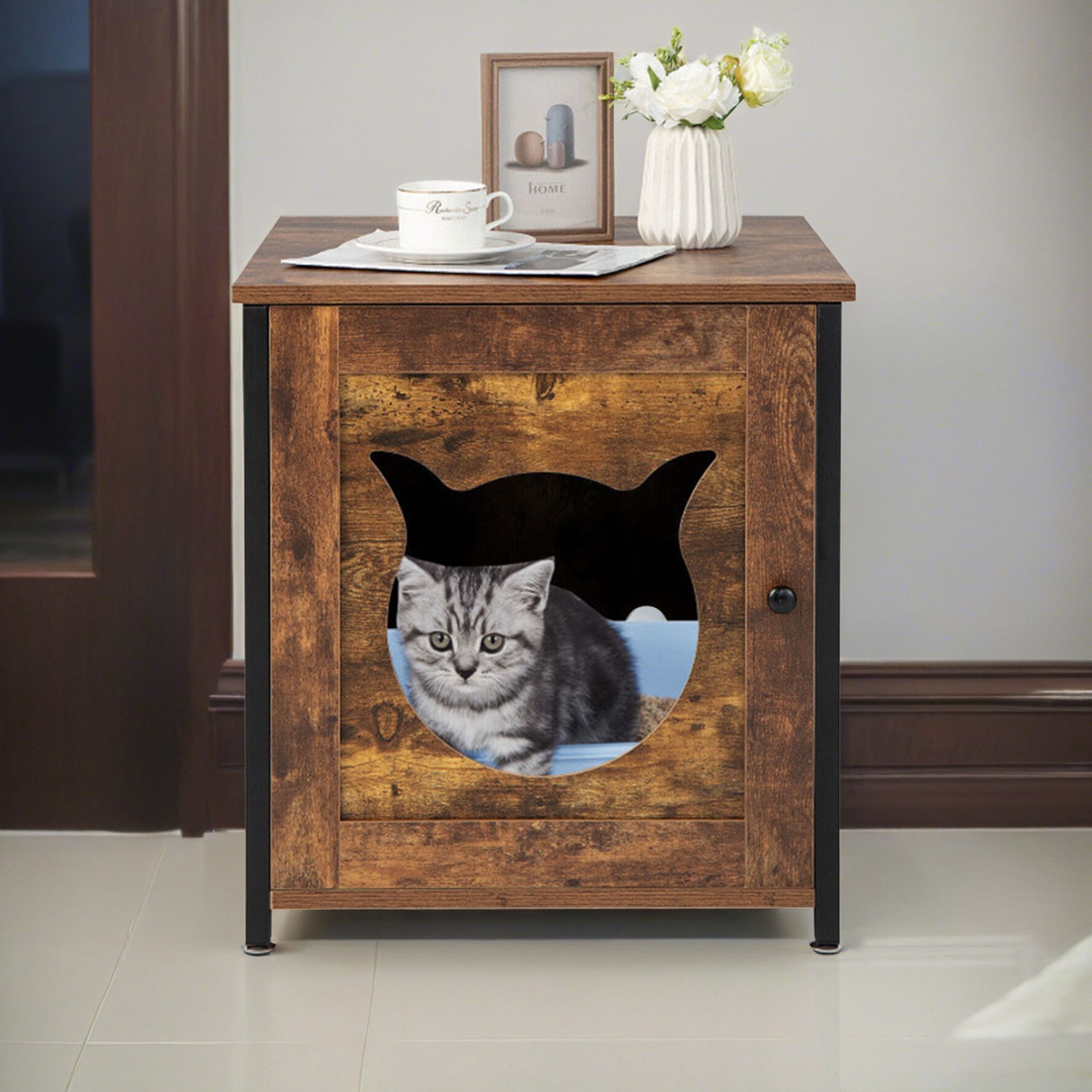 Kadyn 21" Pet House in Enclosed Cat Litter Box House for Indoor, Cat Washroom Hidden, Brown