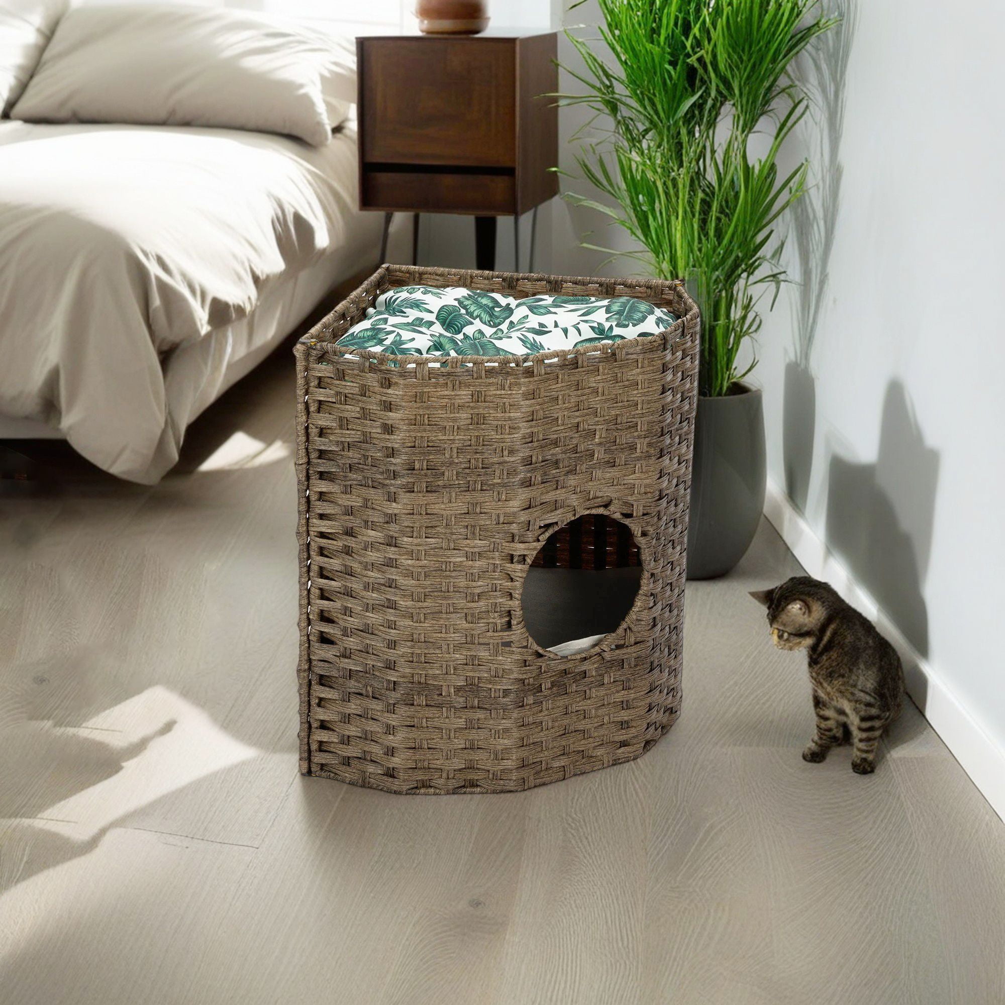 resenkos 22" Cat Litter Box Enclosure with Waterproof Litter Bag and PP Mat, Hidden Washroom Handwoven Rattan Cat House for Living Room, Bedroom, Brown