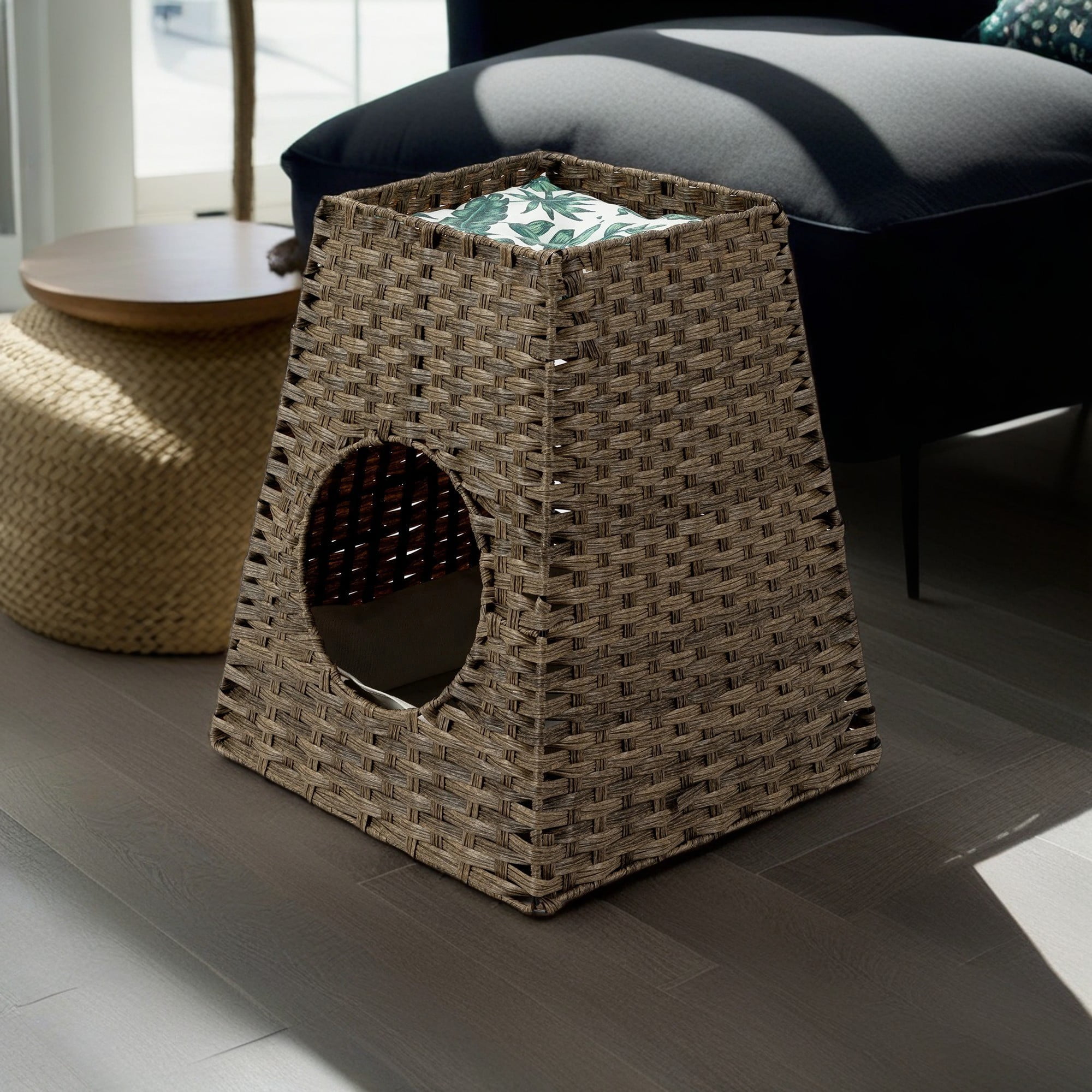resenkos 22" Cat Litter Box Enclosure with Cotton Linen Mat, Hidden Washroom Handwoven Rattan Cat House Furniture for Living Room, Bedroom, Brown