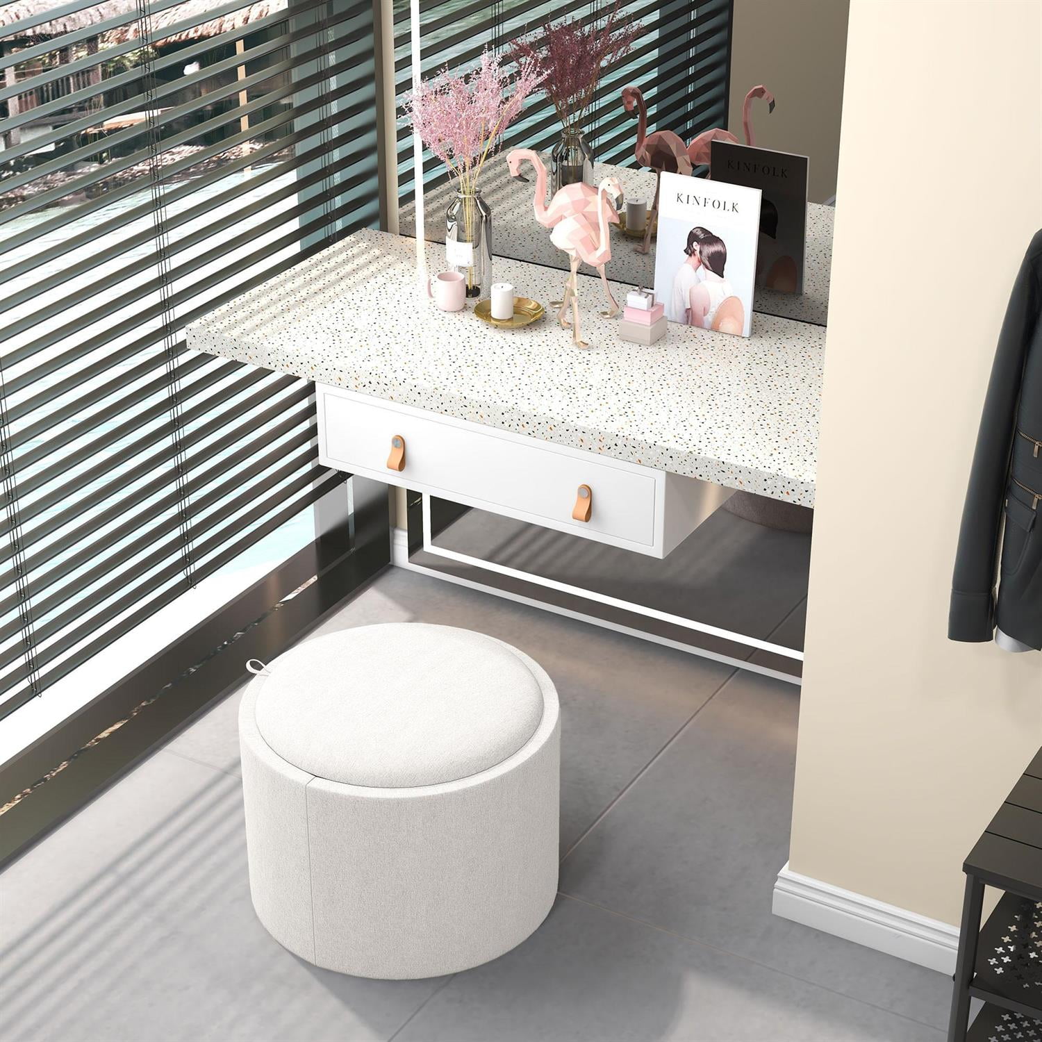 Demi Bonn 22" Round Ottoman Coffee Table with Flip Top Tray, Storage Footstool, Linen Fabric & Hidden Compartment for Living Room, White