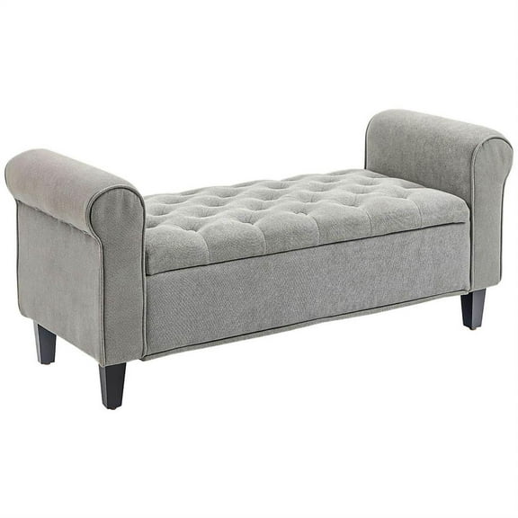 Demi Bonn 22" Storage Ottoman, Cozy Footrest End of Bed Bench with Rolled Arms, Wooden Legs, Tufted Bench, Bedside Bench, Gray