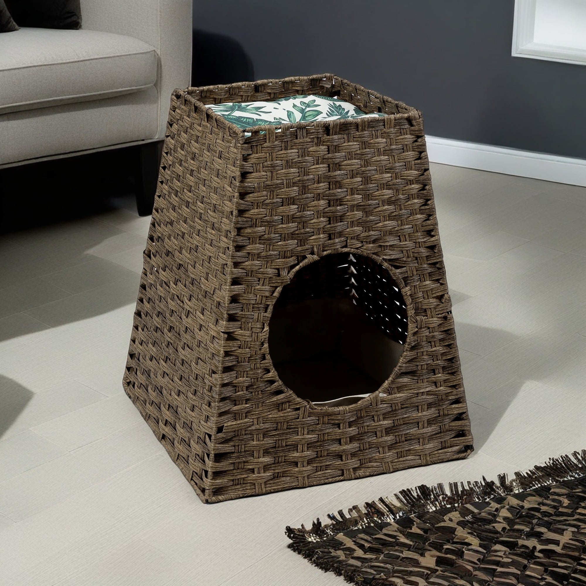 Kadyn 22" Woven Rattan Cat Litter Box Enclosure Furniture, Cat House, Detachable Cat Washroom with Cotton Linen Mat for Living Room, Balcony, Bedroom, Brown