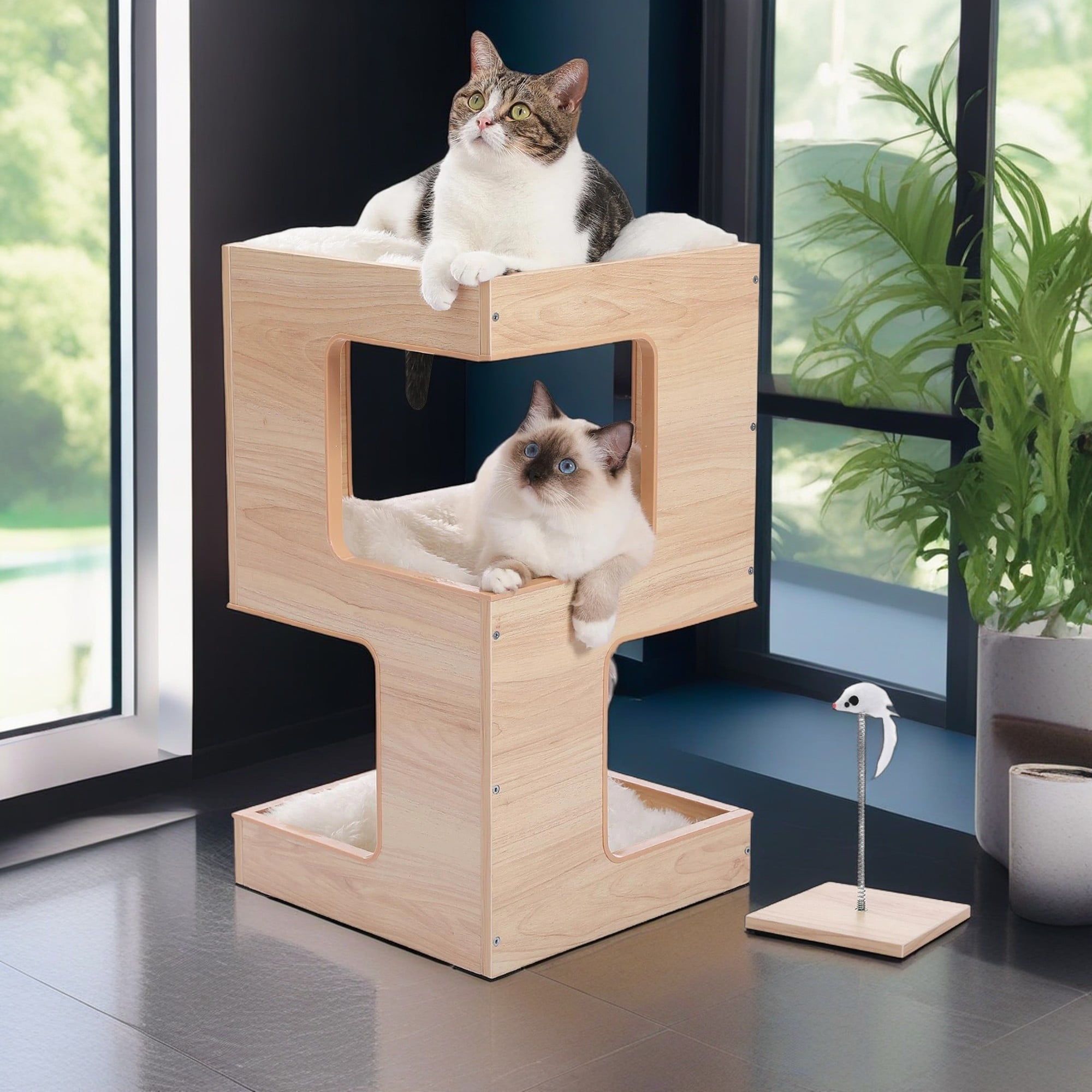 resenkos 23.6" Cat Tree House for Indoor Cats, Wood Cat House for Kittens, Cat Condo with Free Cat Toy, Scratching Pad and Removable Soft Mats, Beige