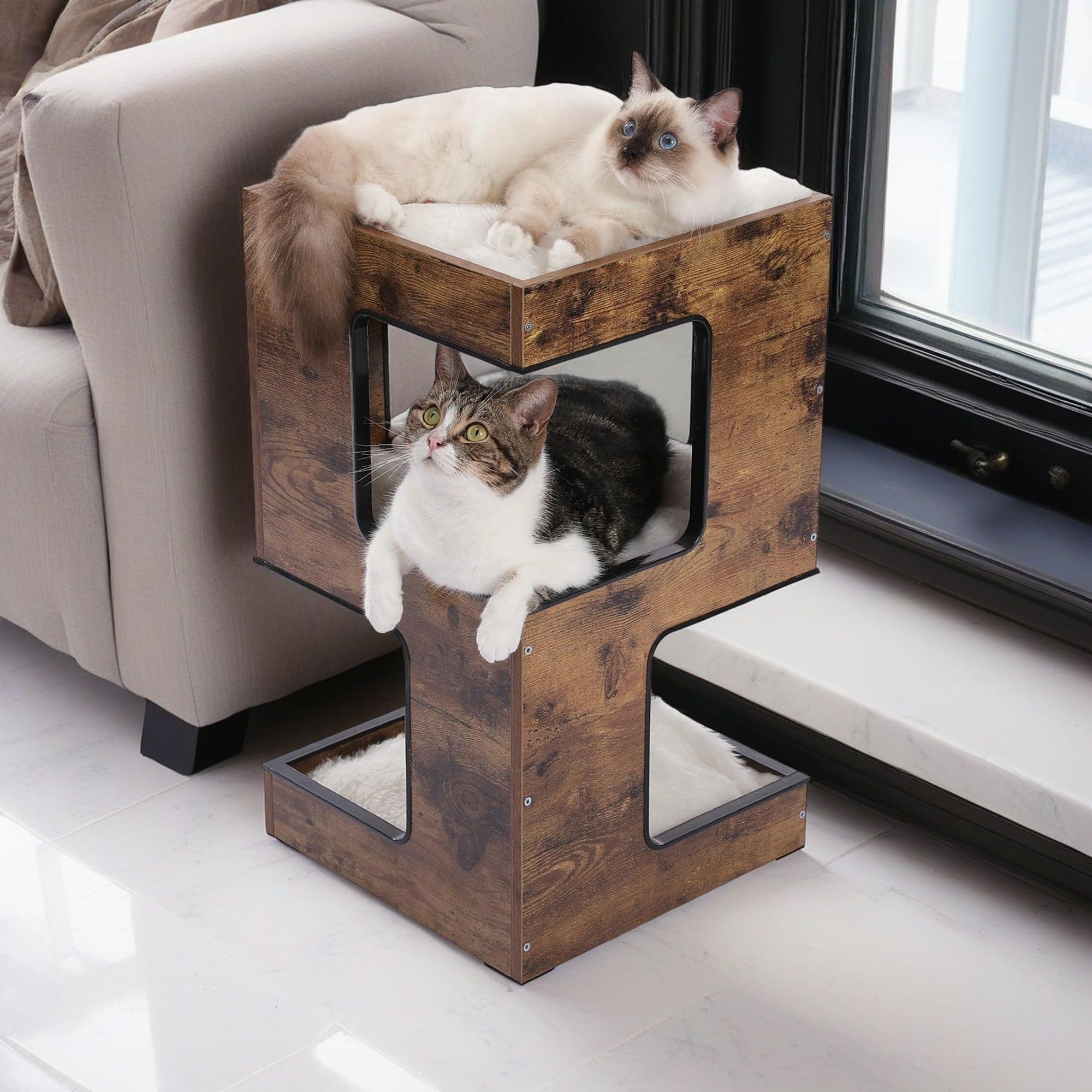 resenkos 23.6" Cat Tree House for Indoor Cats, Wood Cat House for Kittens, Cat Condo with Free Cat Toy, Scratching Pad and Removable Soft Mats, Brown