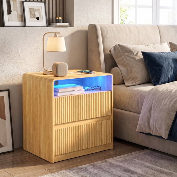 Demi Bonn 23.6" Wide Nightstand with Charging Station, LED Lights, Modern Night Stand, Side End Table with Drawers, Open Shelf, 2 AC Outlets USB Ports, Beige