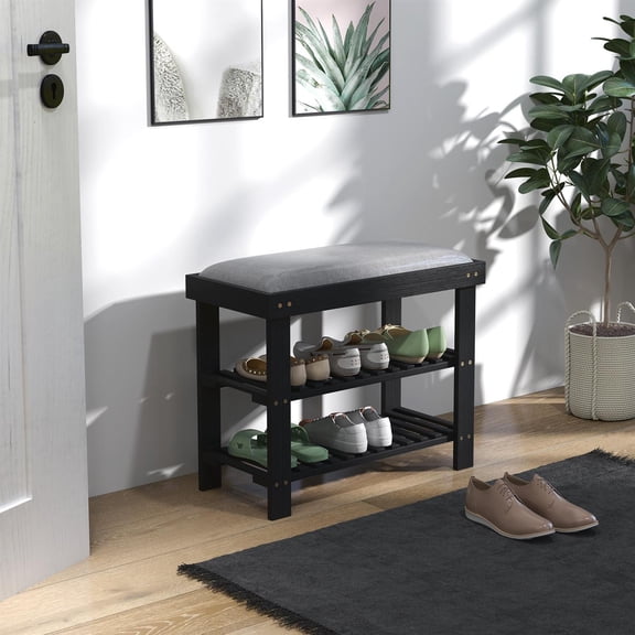 Demi Bonn 23" Bamboo Shoe Storage Bench, 3-Tier Entryway Bench with Cushion, Shoe Organizer for Entryway, Hallway, Black
