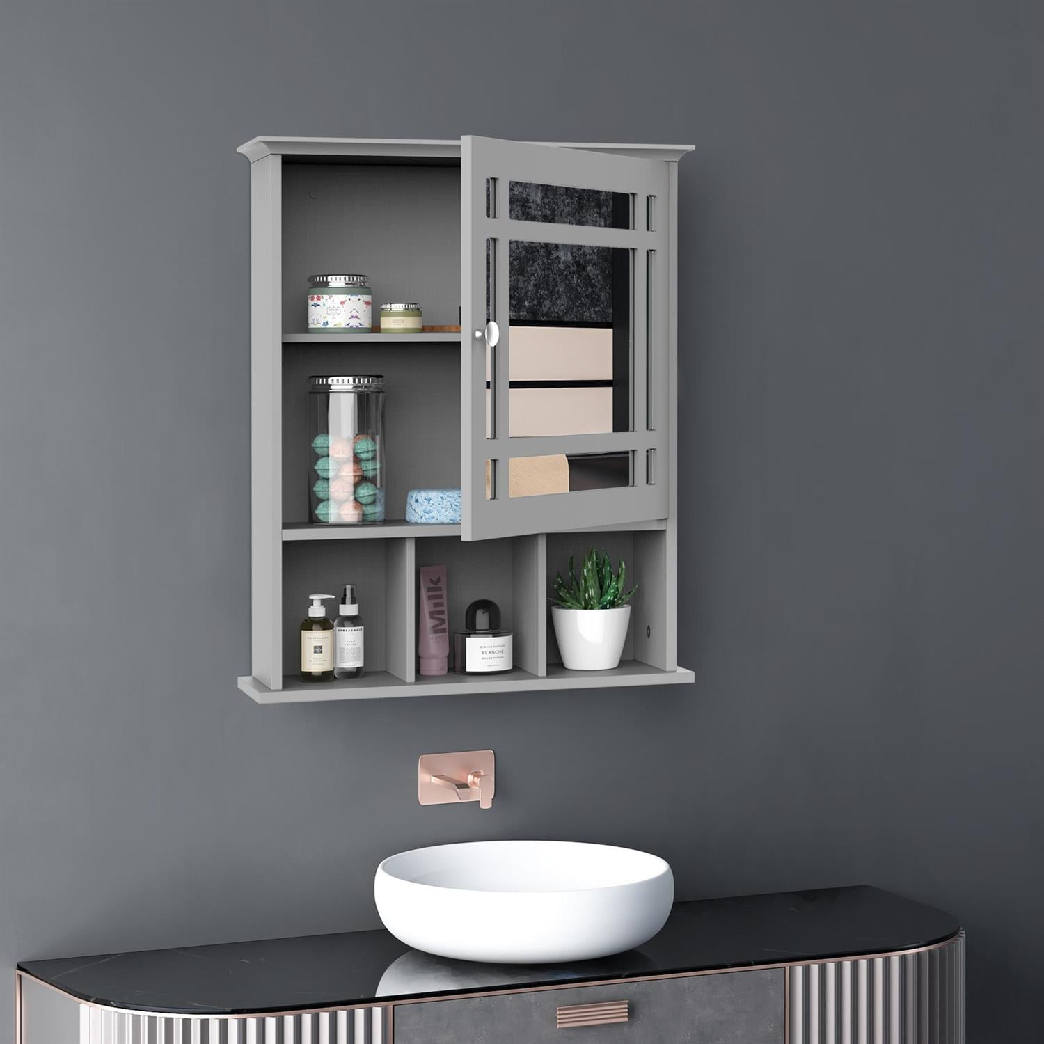 Demi Bonn 23" Bathroom Storage Cabinet with Mirror & Door, Wall-Mounted Design, Multi-functional Storage Shelves, Medicine Cabinet for Home, Gray