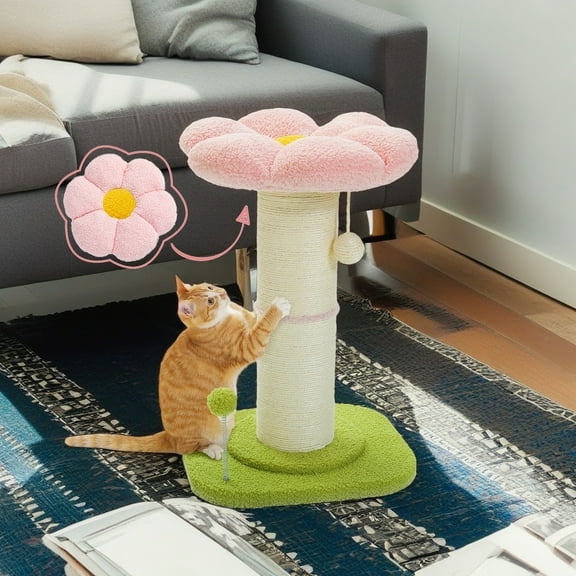 Demi Bonn 23" Cat Scratching Post, Small Cat Scratcher Tree for Indoor Cats with Removable Flower Cat Bed, Cat Tree Tower with Spring Ball, Pink