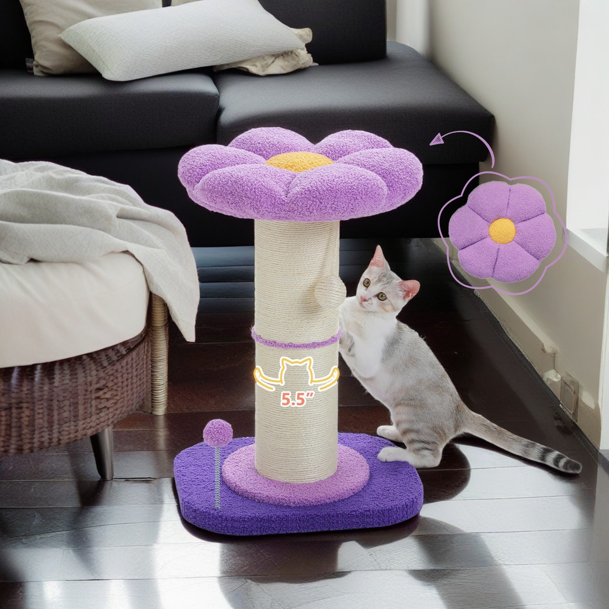 resenkos 23" Cat Scratching Post, Small Cat Scratcher Tree for Indoor Cats with Removable Flower Cat Bed, Cat Tree Tower with Spring Ball, Purple