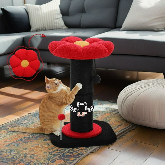 Demi Bonn 23" Cat Scratching Post, Small Cat Scratcher Tree for Indoor Cats with Removable Flower Cat Bed, Cat Tree Tower with Spring Ball, Red