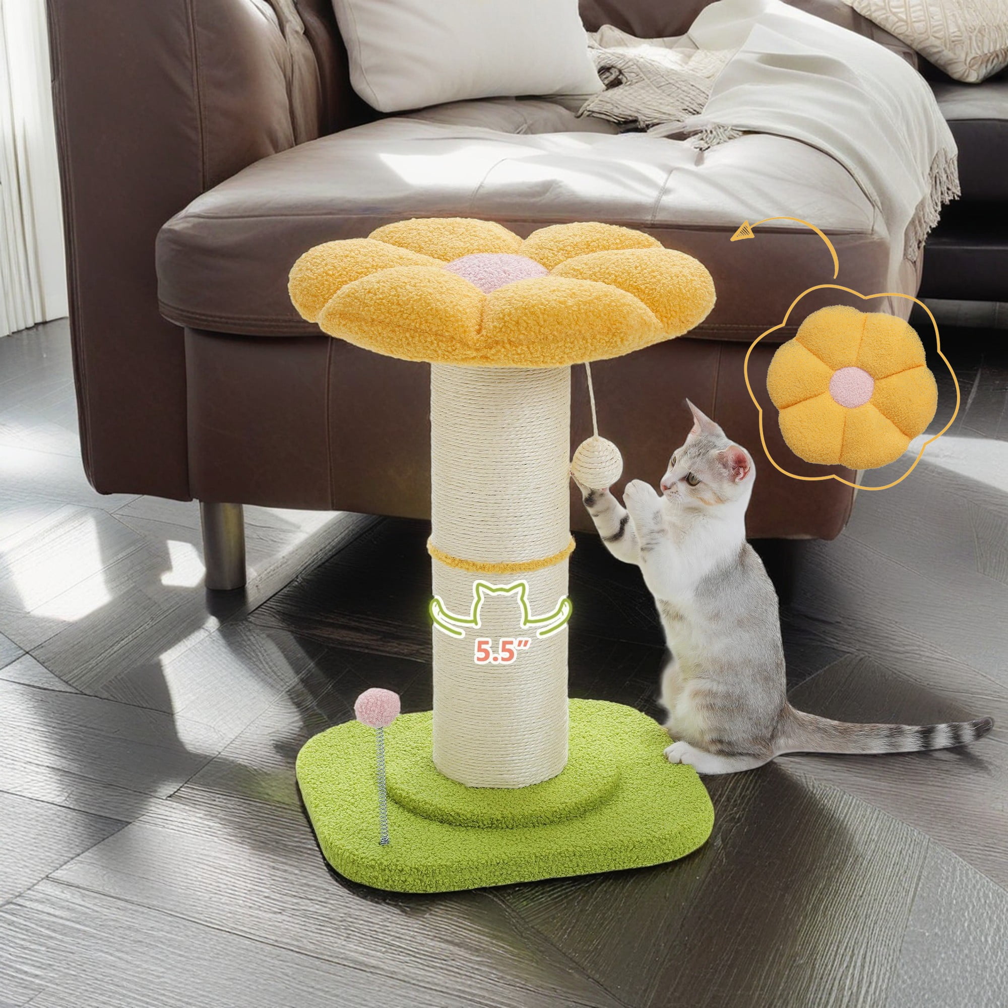 Kadyn 23" Cat Scratching Post, Small Cat Scratcher Tree for Indoor Cats with Removable Flower Cat Bed, Cat Tree Tower with Spring Ball, Yellow