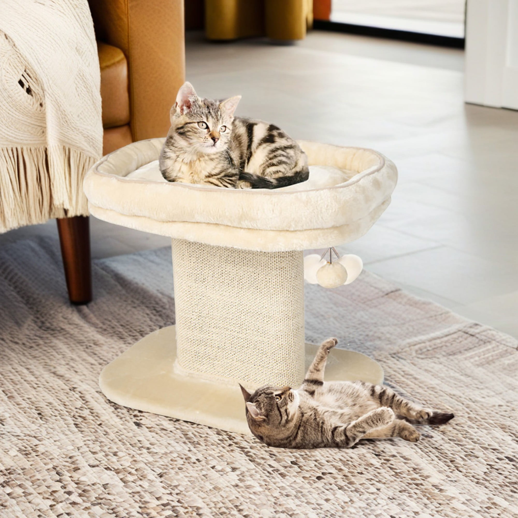 Kadyn 23" Cat Scratching Post Tree for Indoor Cats, Modern Cat Tree Tower with Large Plush Perch and Sisal Scratcher Plate, Beige