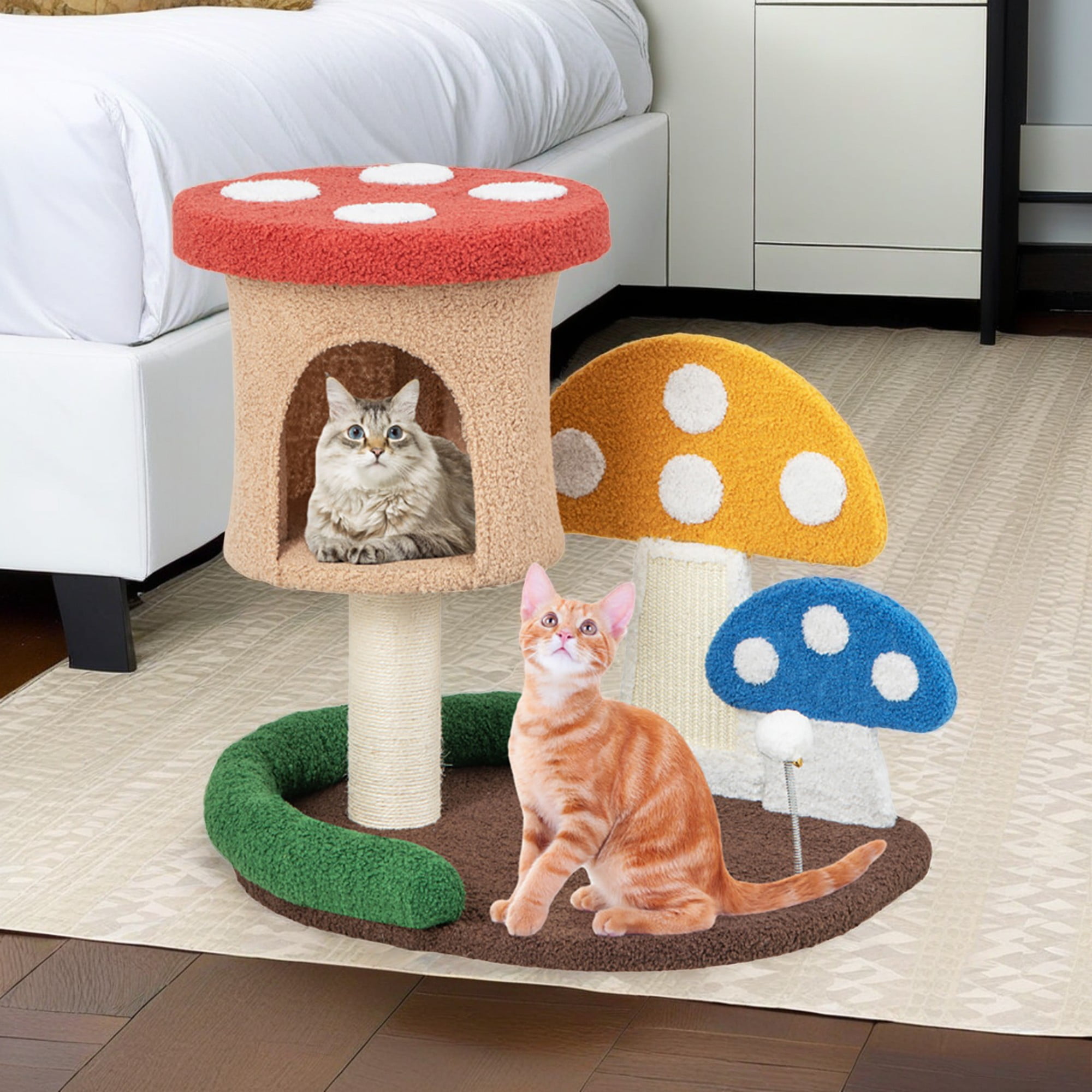 resenkos 23" Cat Tree Tower with Sisal-Covered Scratching Post, 4-In-1 Mushroom Cat Condo with Padded Perch, for Small Spaces, Kittens, Multicolor