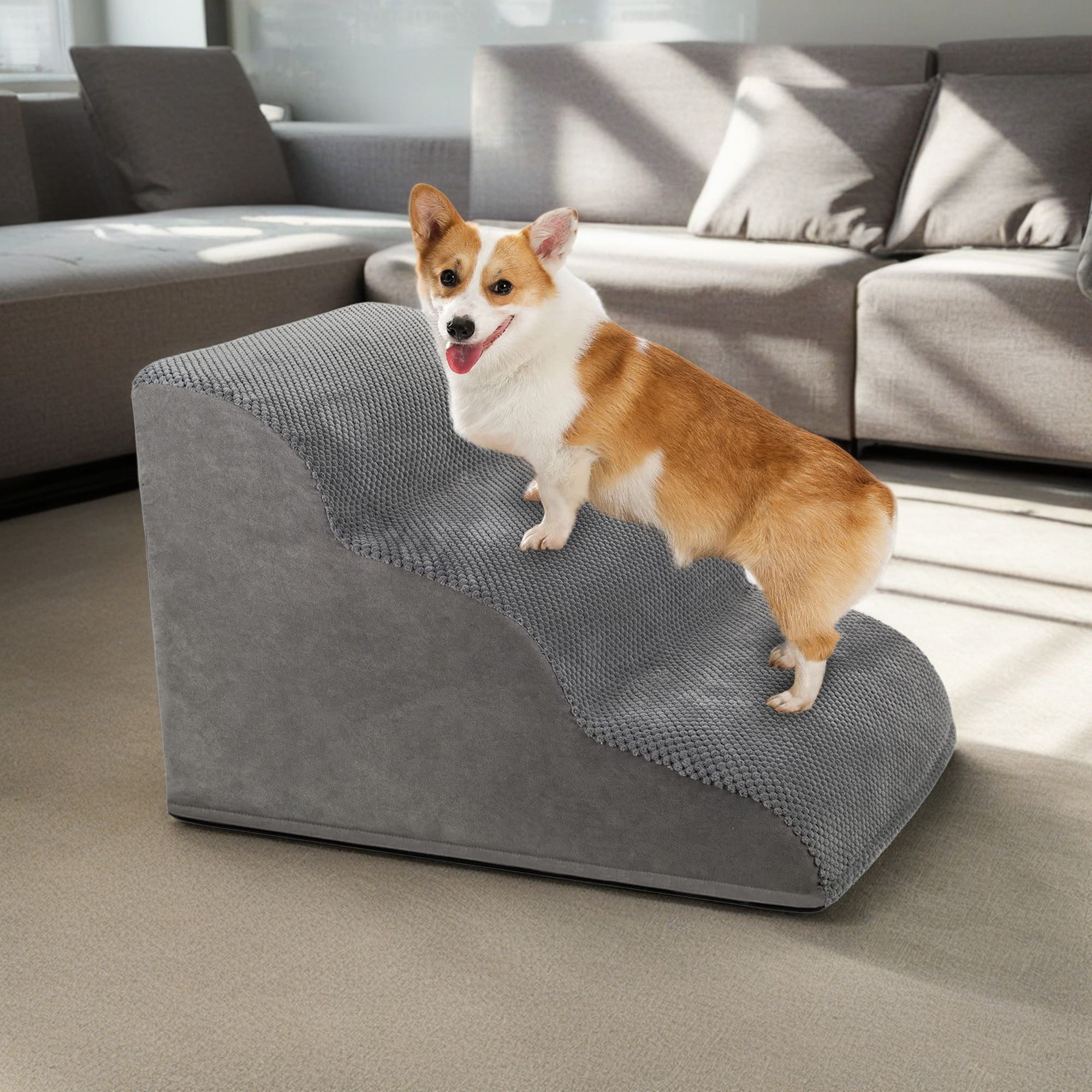 Kadyn 23" Dog Stairs for Small Pets with High-Density Sponge and Silicone Paw Prints, 3-Step Dog Ramp for Beds and Couch, Gray