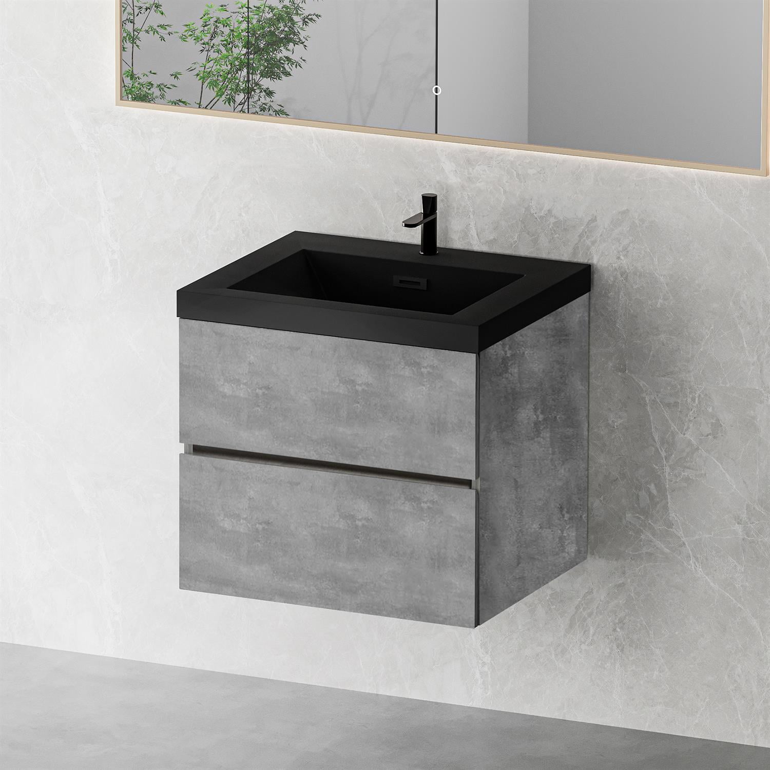 Demi Bonn 23" Floating Bathroom Vanity with Sink, Black Quartz Sand Top Basin and 2 Soft Close Drawers, Faucets and Drains Not Included, Gray