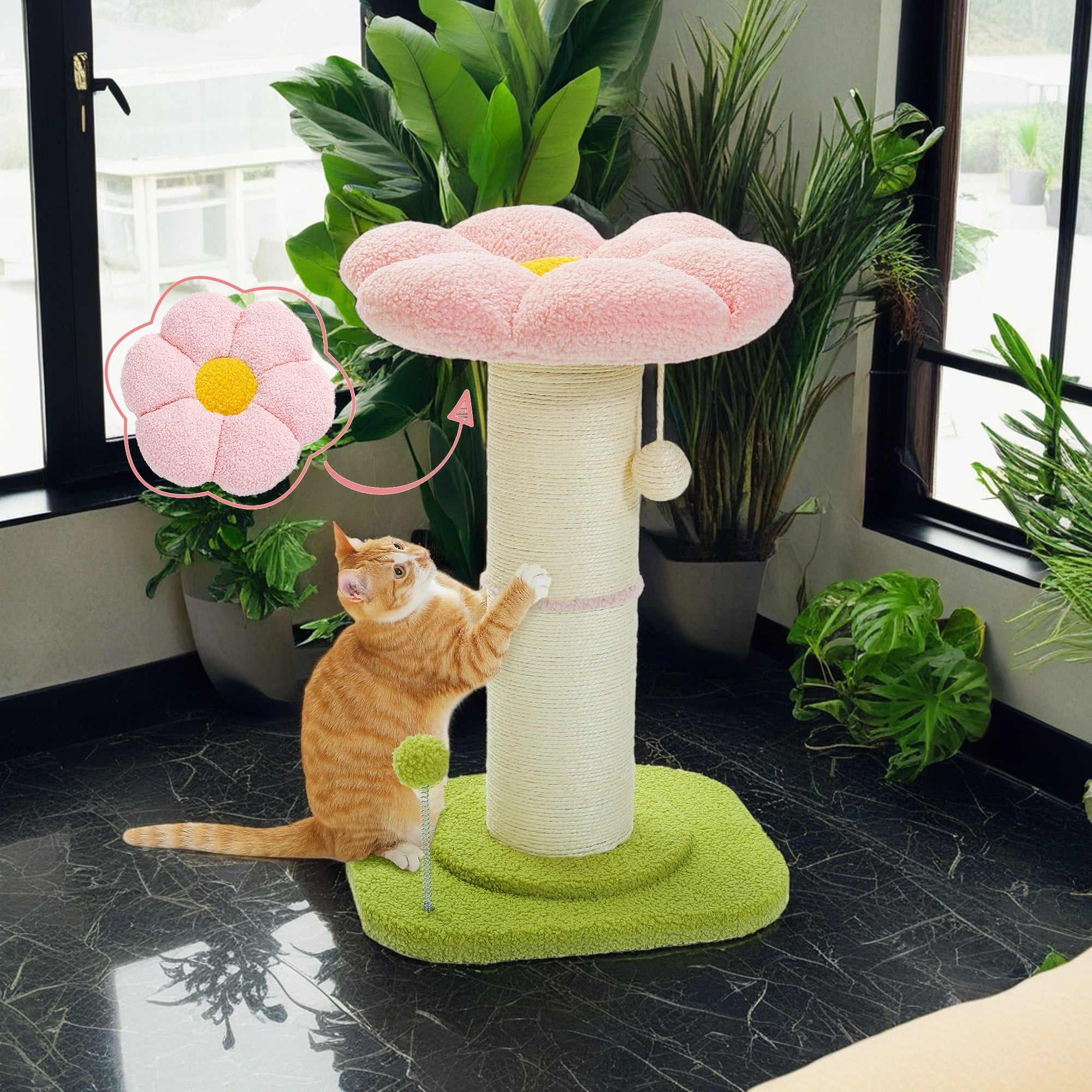 resenkos 23" Flower Cat Scratching Post for Indoor Cats, Small Cat Tree Tower with Perches and Spring Ball for Adult Cats, Pink