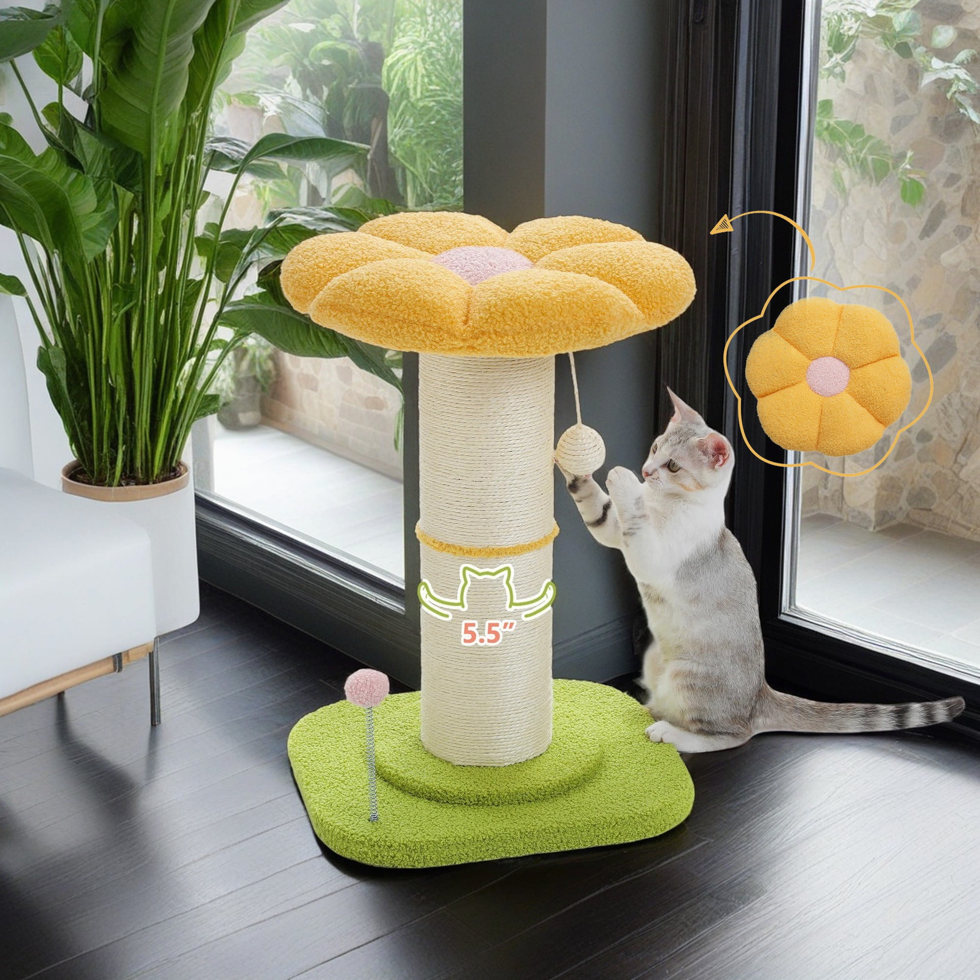 Kadyn 23" Flower Cat Scratching Post for Indoor Cats, Small Cat Tree Tower with Perches and Spring Ball for Adult Cats, Yellow