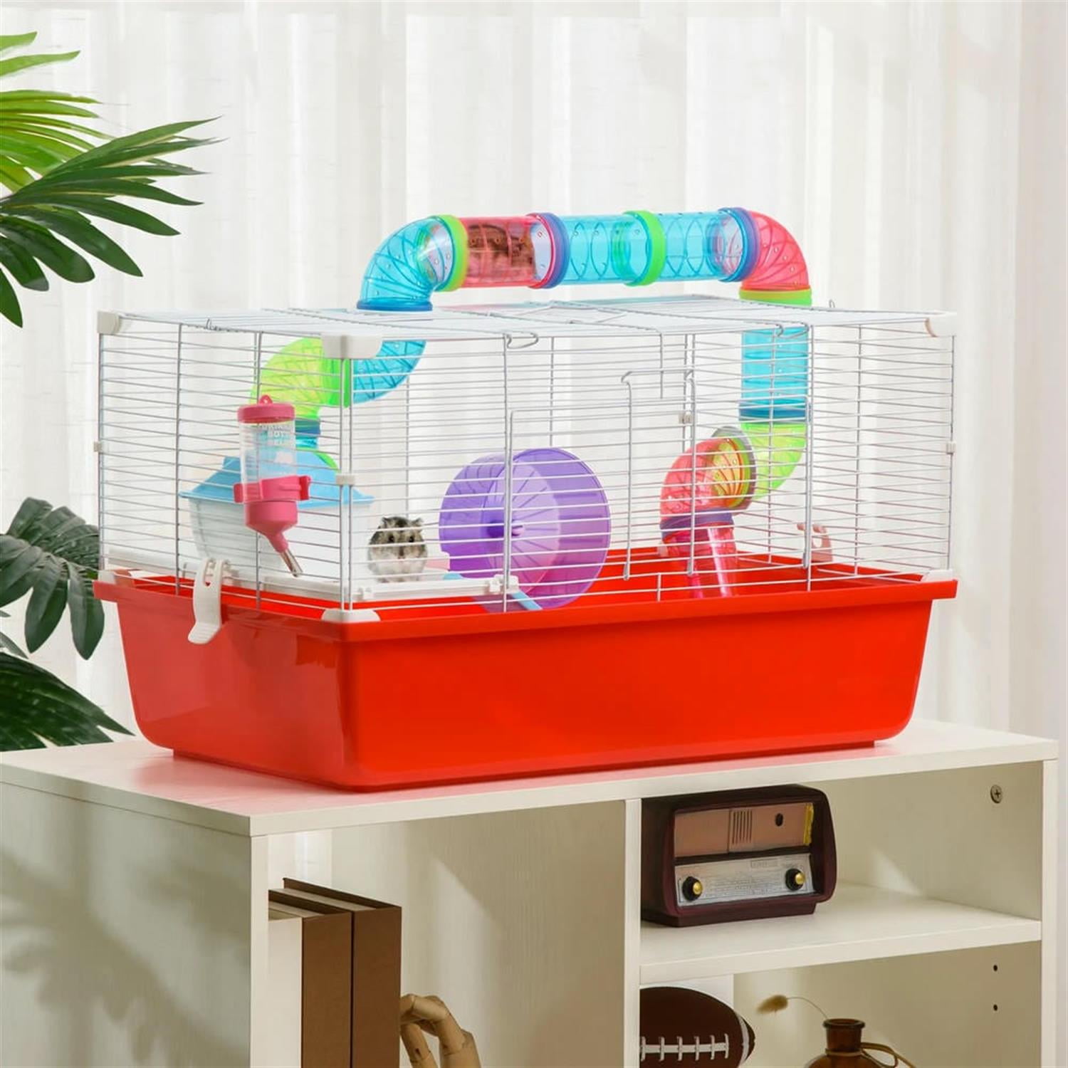 Kadyn 23" 2 Tiers Hamster Cage, Rodent Gerbil Mouse Mice Rat Wire Cage with Exercise Wheels and Water Bottle for Small Animal Habitats, Red