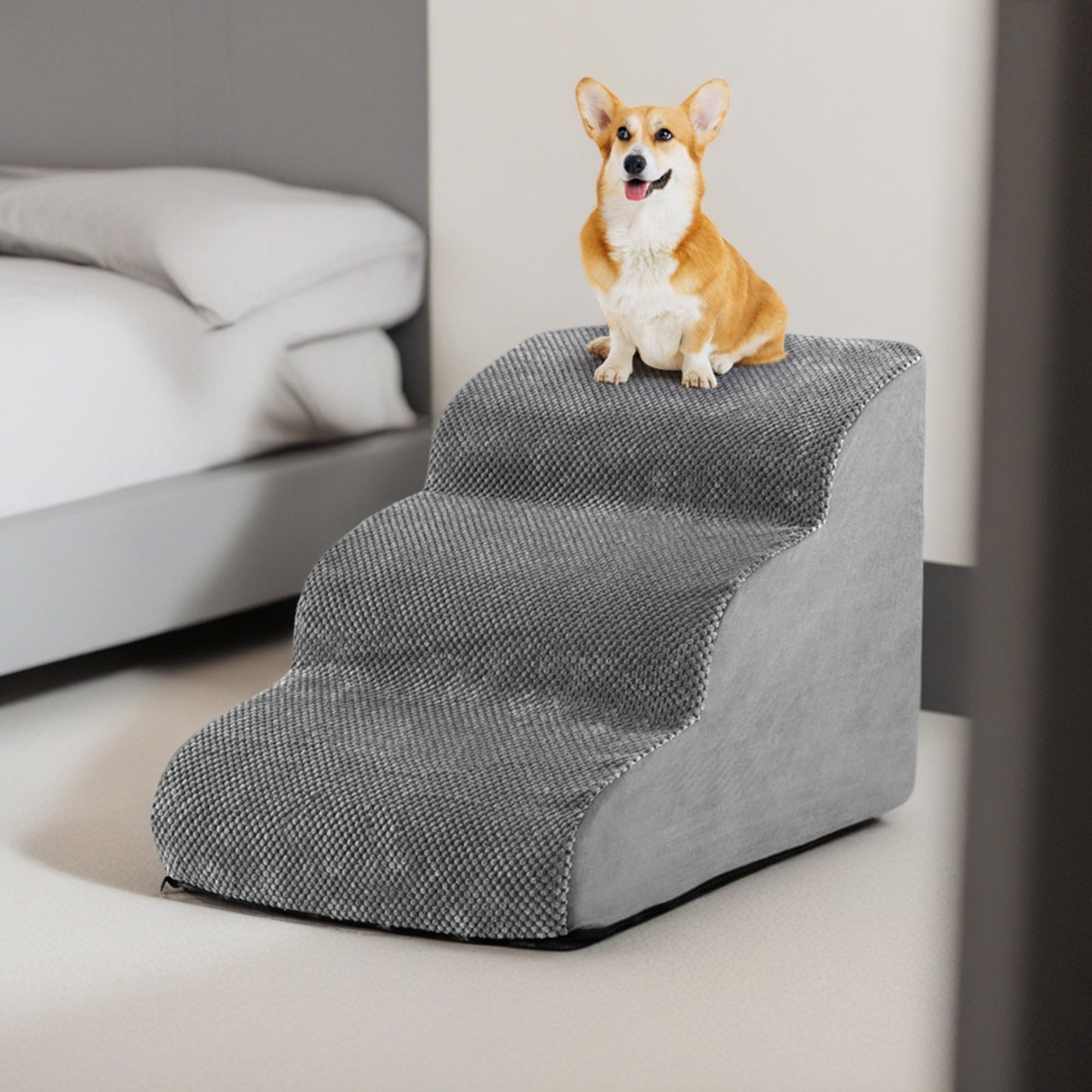Kadyn 23" Pet Stairs for Small Dogs, 3-Step Dog Ramp for Beds and Couch, Non-Slip Balanced Indoor Step, Gray