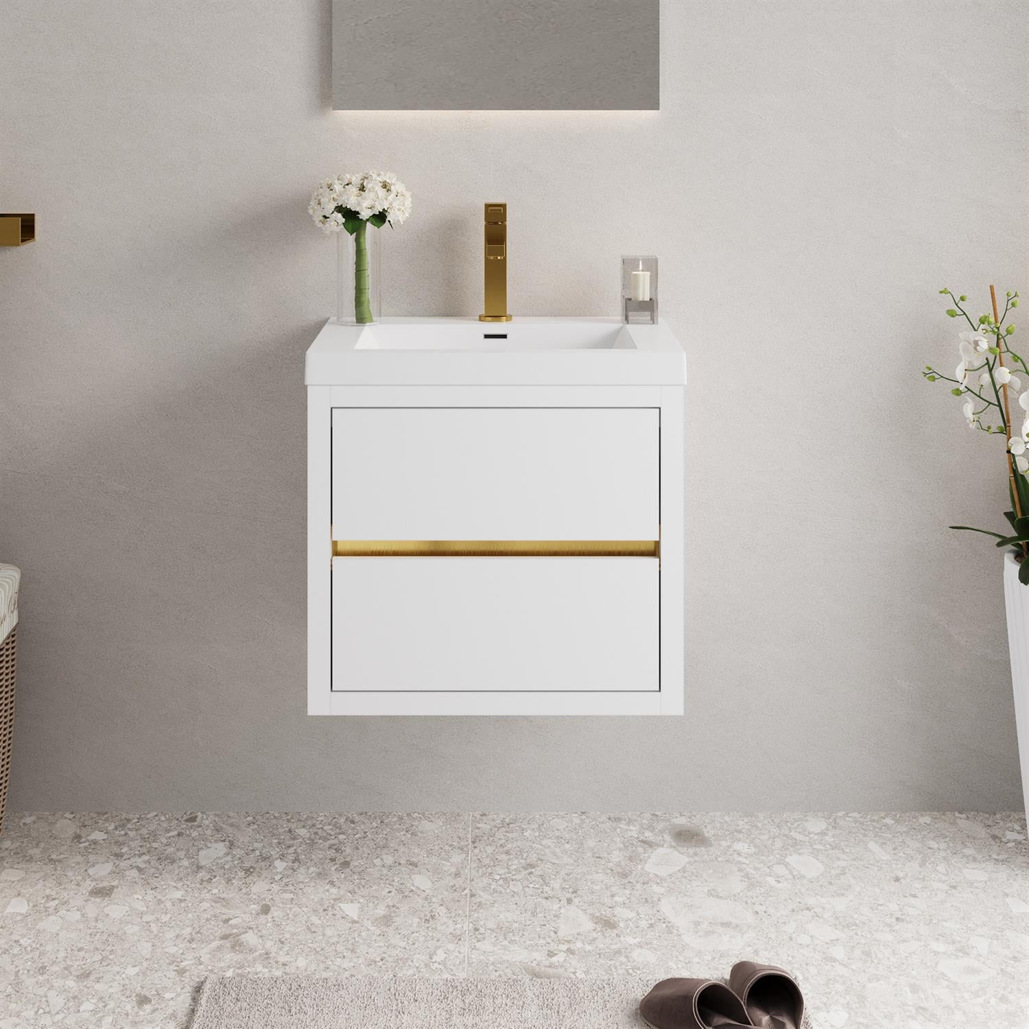 Demi Bonn 23" Wall-Mounted Bathroom Vanity with Sink, Stone Resin Countertop and 2 Soft Close Drawers, Faucets and Drains Not Included, White