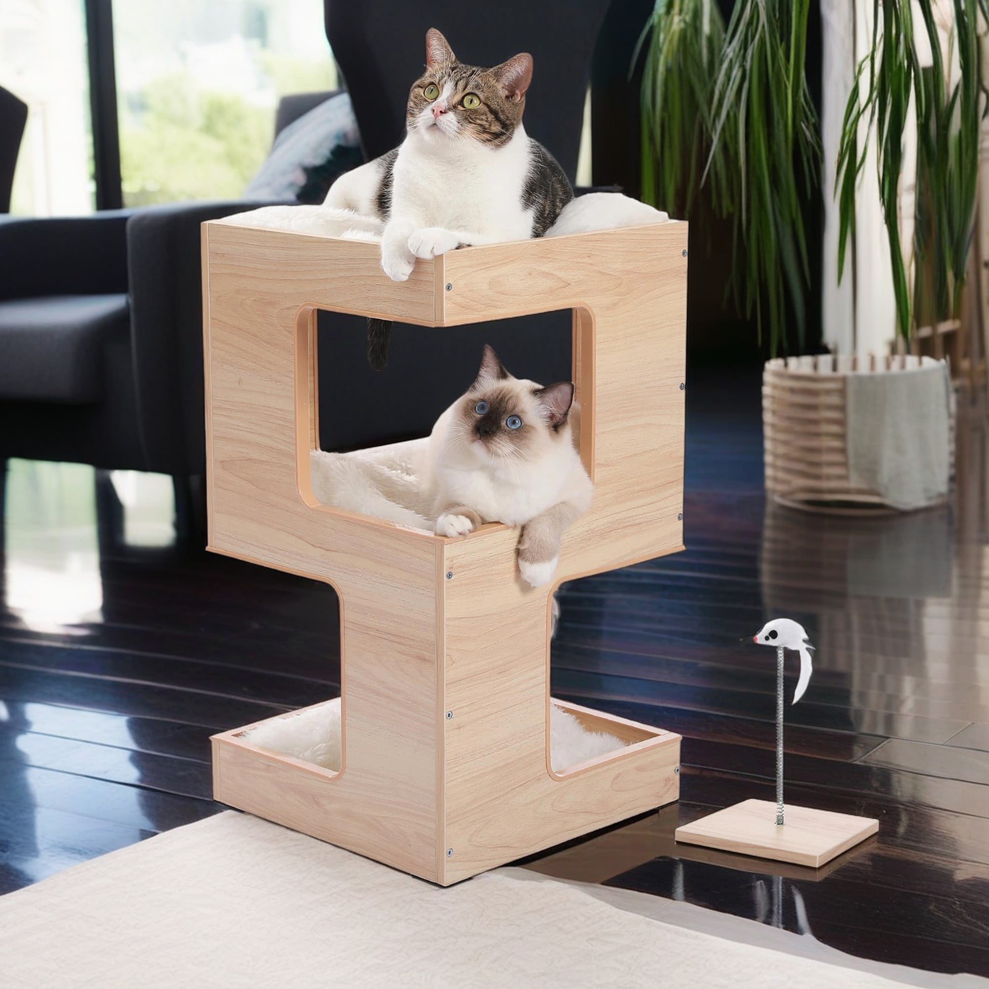 Kadyn 23" Wood Cat House Furniture for Indoor Cats, Modern Cat Tree Tower Bed with Free Cat Toy, Scratching Pad and Removable Soft Mats, Small Cat Condo, Beige