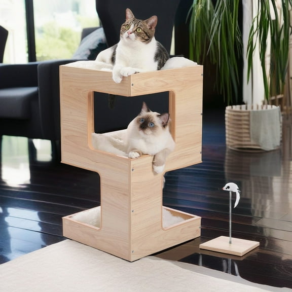 Demi Bonn 23" Wood Cat House Furniture for Indoor Cats, Modern Cat Tree Tower Bed with Free Cat Toy, Scratching Pad and Removable Soft Mats, Small Cat Condo, Beige