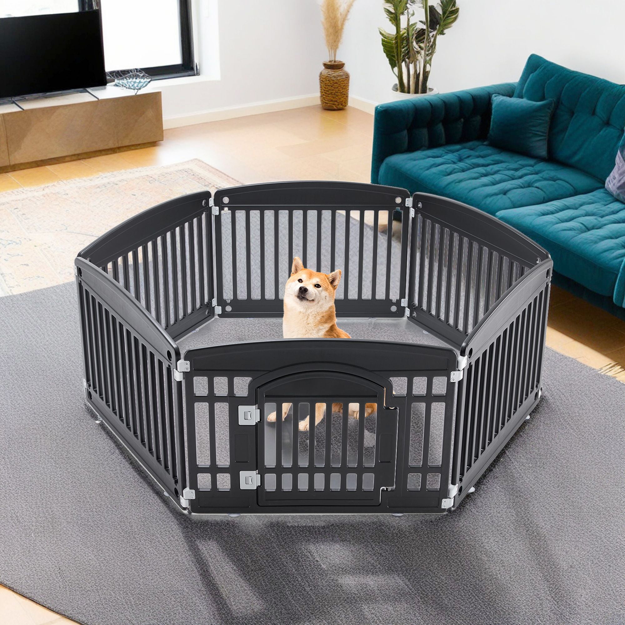 Demi Bonn 24" Dog Playpen 7-Panel Adjustable Folding Portable Pet Fence for Small to Medium Dogs Indoor Outdoor Use, Black