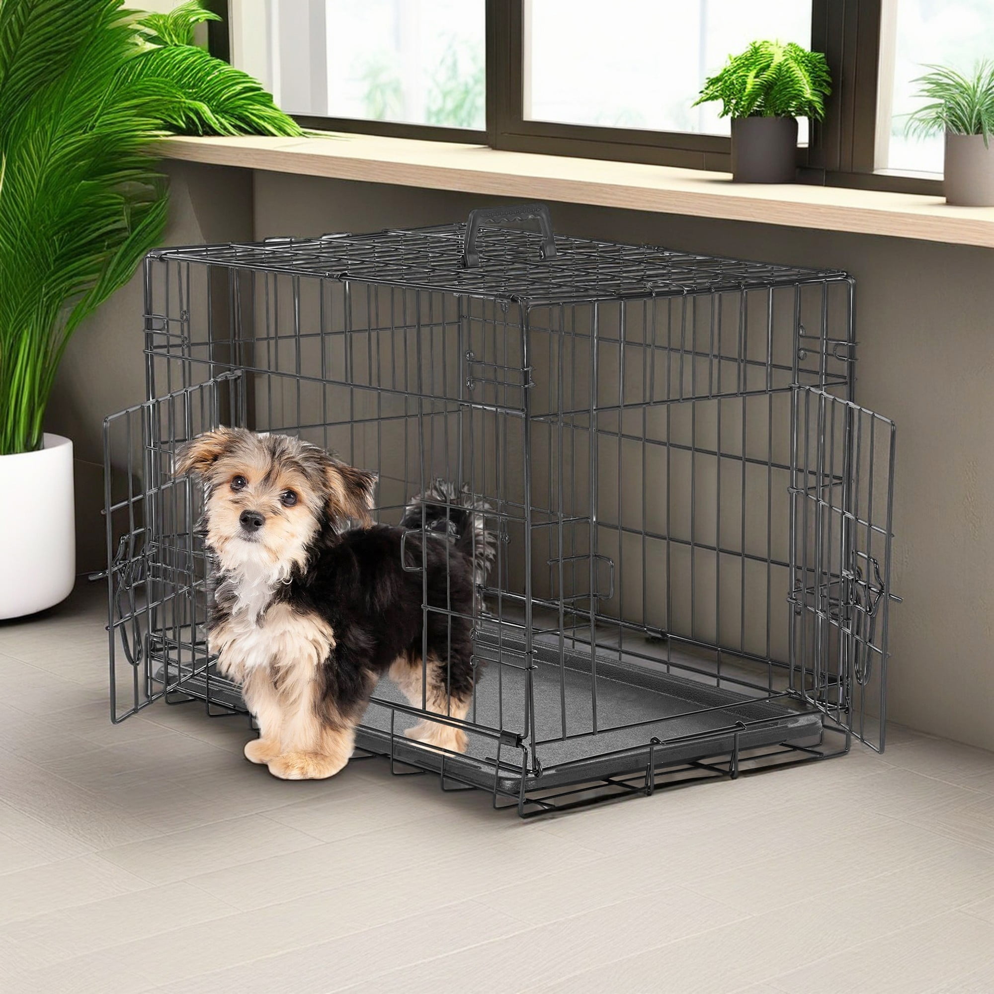 Demi Bonn 24" Durable Dog Crate with Double Doors, Foldable Metal Wire Dog Cage with Tray and Divider Panel, Dog Kennel for Large Dogs, Black
