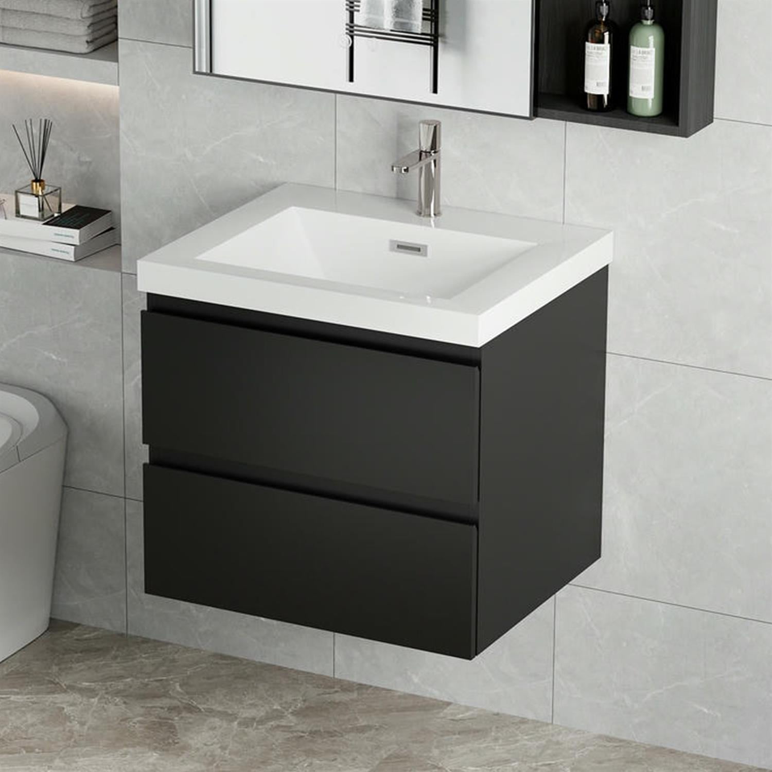 Demi Bonn 24" Floating Bathroom Vanity with Sink, Resin Top Basin and 2 Soft Close Drawers, Faucets and Drains Not Included, Black
