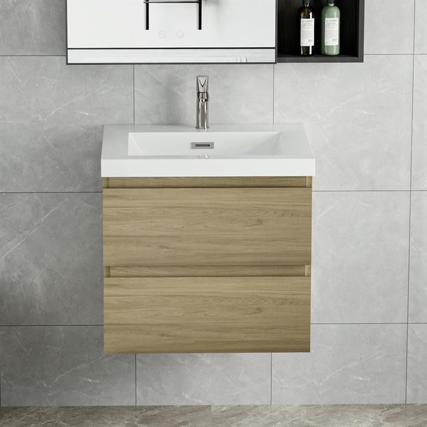 Demi Bonn 24" Floating Bathroom Vanity with Sink, Resin Top Basin and 2 Soft Close Drawers, Faucets and Drains Not Included, Brown