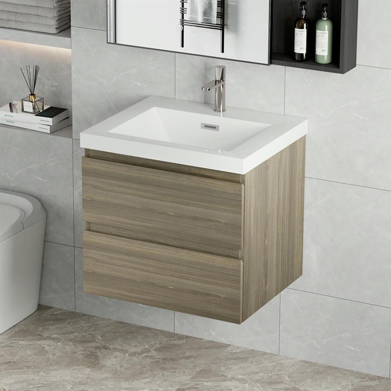Demi Bonn 24" Floating Bathroom Vanity with Sink, Resin Top Basin and 2 Soft Close Drawers, Faucets and Drains Not Included, Gray