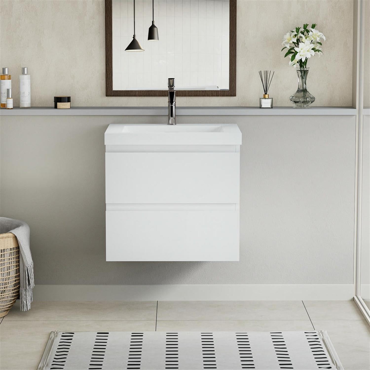 Demi Bonn 24" Floating Bathroom Vanity with Sink, Resin Top Basin and 2 Soft Close Drawers, Faucets and Drains Not Included, White
