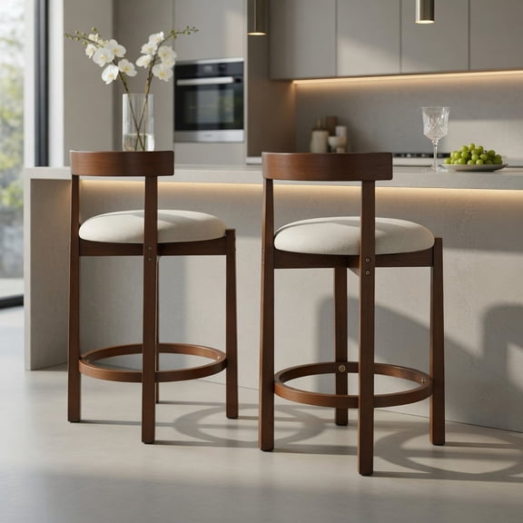 Demi Bonn 24 Inch Counter Height Bar Stools Set of 2 with Backrests and Footrests, Upholstered Kitchen Stools for Dining Room Island, Sturdy Wooden Frame, Walnut and Beige