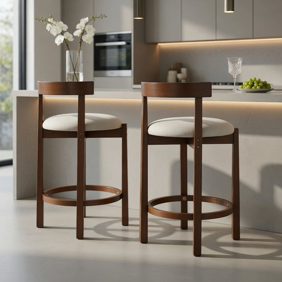 Demi Bonn 24 Inch Counter Height Bar Stools Set of 2 with Backrests and Footrests, Upholstered Kitchen Stools for Dining Room Island, Sturdy Wooden Frame, Walnut and Beige